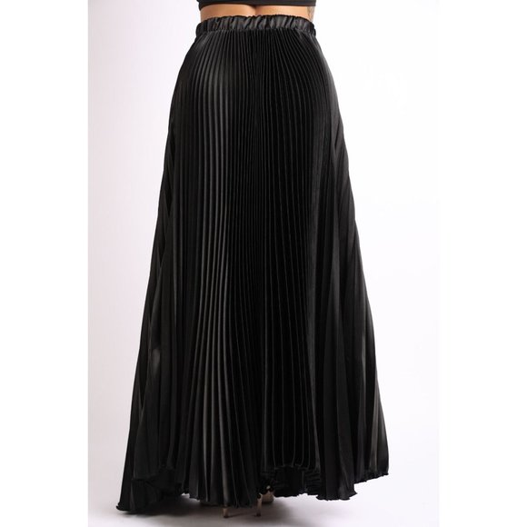 Women's Elastic High Waist A-Line Pleated Satin Maxi Skirt Formal Prom Party - Picture 4 of 10